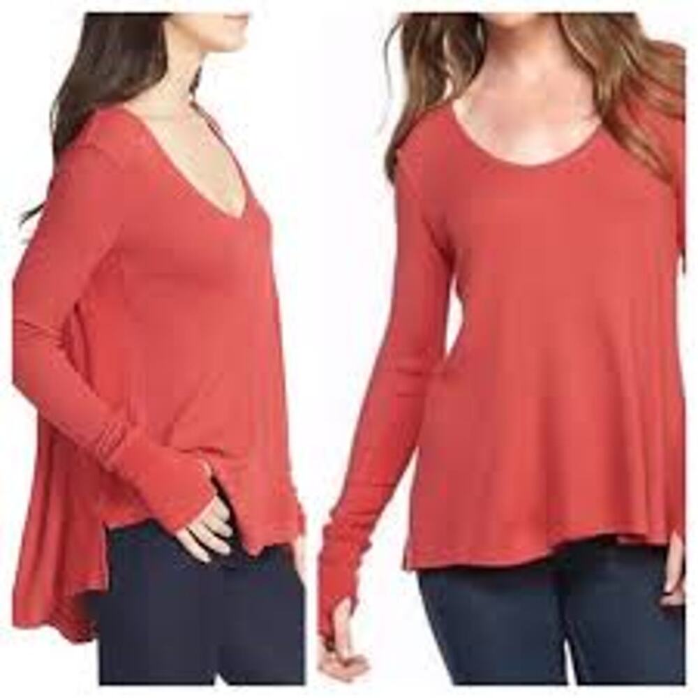 Free People Malibu Thermal Top Large Red Poppy Long Sleeve Scoop Neck Flowy